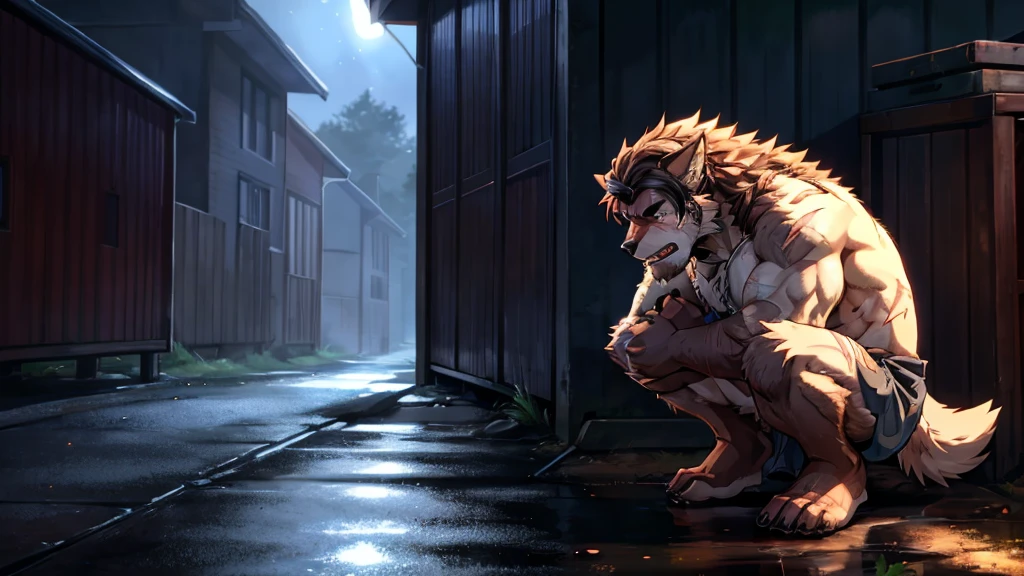 A hairy werewolf abandoned on the side of the road at night, muscular, athletic, sentimental, delicate features, bright colors, anime style, realistic, 8k, super detailed, representative, with scars and features. Bright eyes and teeth, tall and handsome, beautiful hair, special color. Tearful, unwilling, ragged, unhappy; Frustrated, crouched on the ground, weeping,sit on the ground, hold your legs. crying, Anime Style,The light is not bright, dirty