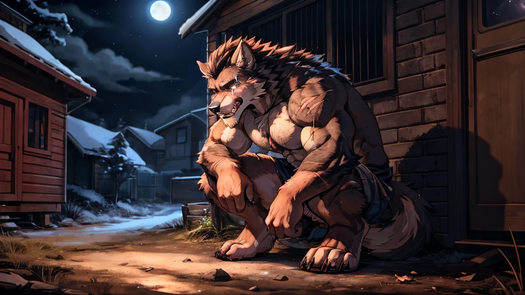 A hairy werewolf abandoned on the side of the road at night, muscular, athletic, sentimental, delicate features, bright colors, anime style, realistic, 8k, super detailed, representative, with scars and features. Bright eyes and teeth, tall and handsome, beautiful hair, special color. Tearful, unwilling, ragged, unhappy; Frustrated, crouched on the ground, weeping，sit on the ground, hold your legs. crying, Anime Style，The light is not bright, dirty