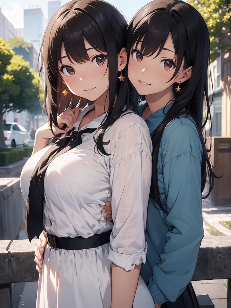 master piece, extremely detailed, high resolution, Makoto Shinkai style, from the front, Upper Body, looking at the camera, 20-year-old women, 2 people, Kissing, Brown Eyes, Straight nose, Glossy, plump lips, Shiny Hair, Smile, Medium Hair, Black Hair, Floral decoration, Star-shaped earrings, uniform, Mid-chest, Slender, Light Background