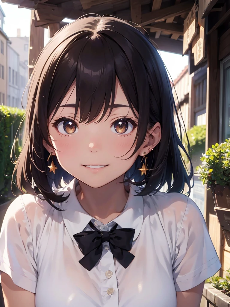 master piece, extremely detailed, high resolution, Makoto Shinkai style, from the front, Upper Body, looking at the camera, 20-year-old women, 2 people, Kissing, Brown Eyes, Straight nose, Glossy, plump lips, Shiny Hair, Smile, Medium Hair, Black Hair, Floral decoration, Star-shaped earrings, uniform, Mid-chest, Slender, Light Background