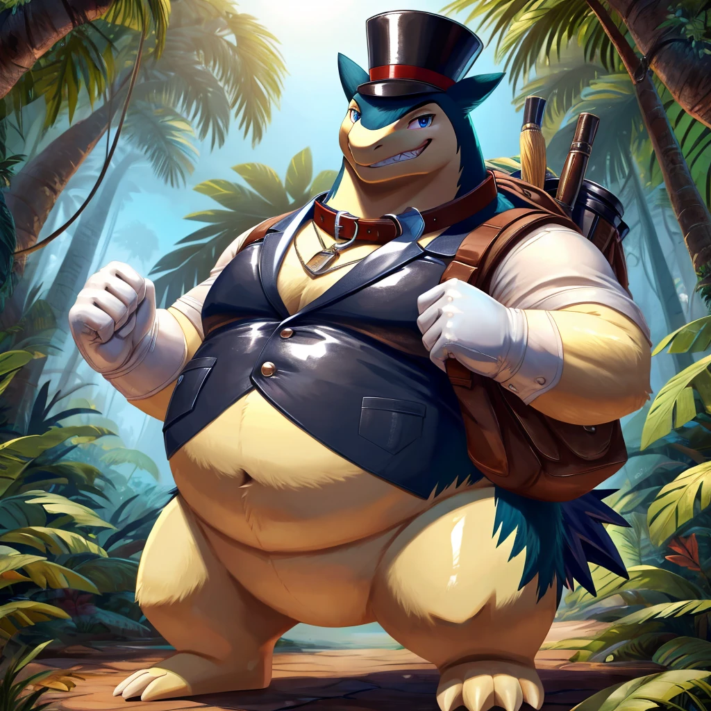 Male, fat, extremely obese, gentleman, Typhlosion, blue eyes, (posing:1.3), (soft shading), 4k, hi res, ((detailed face, detailed)), looking at viewer, evil grin, jungle, forest, shirt, top hat, male focus, Explorer Outfit, glasses, bag, vest, backpack, sleeves rolled up, round eyewear, brown headwear, brown vest, Typhlosion is wearing a glossy leather dog collar around the neck, Typhlosion is wearing the leather collar and shirt and vest at the same time, Typhlosion is wearing glossy white rubber gloves on the hands, wearing white rubber gloves on the feet, gloves are rubber in texture, clenching teeth, clenching fists, leather collar is glossy and shiny with a lot of detail.