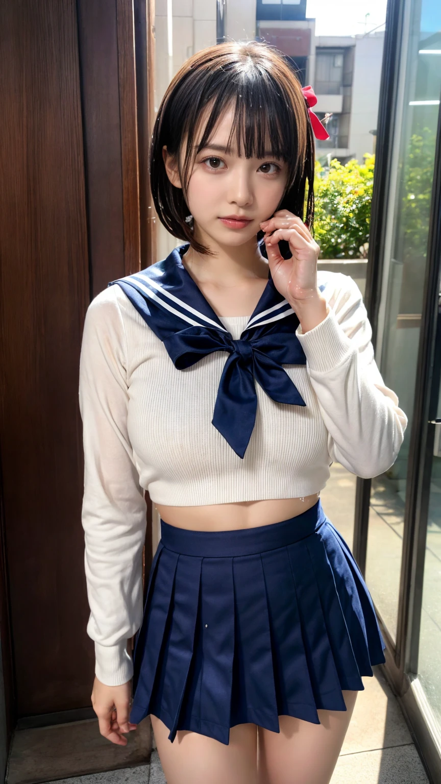 muste piece, best quality, illustration, Super detailed, fine details, High resolution, 8K,wall paper, perfect dynamic composition,(Details High quality, realistic depiction of eyes:1.3), (short bob hair), (Black Sailor Uniform, serafuku, Navy pleated skirt), (nup, see through, wet:1.2), huge breasts, black hair color, Big Natural Color Lip, bold sexy pose, crying a little、Harajuku style、20 year old girl、cute type、lolita、beautiful legs, hotel room, full body photo、focus on crotch, hposing Gravure Idol