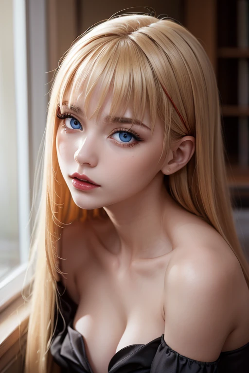 Masterpiece, Best Quality,  gothic girl, clavicle, looking at the viewer stunning blue eyes, white skin eyeliner, perfect detailed 12k, hair with bangs , Beautiful face, perfect mouth,  lipstick negro,  voluminous and sensual lips, big and heavy bust 