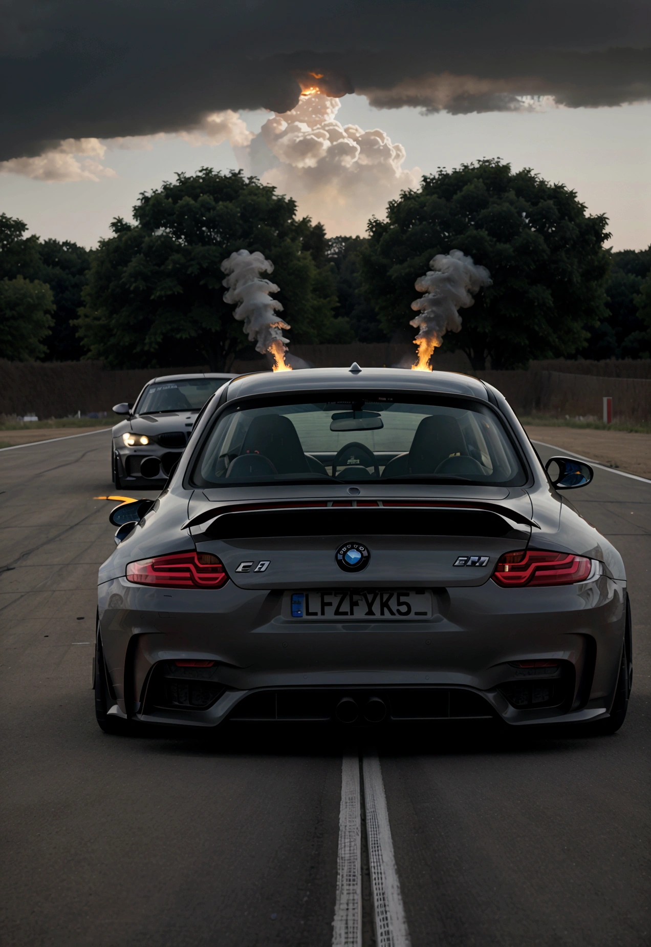 bmw e46 m3 racing vs porsche 991 GT3, side by side, Le mans race, fire behind, cinematic, dramatic lighting, high contrast, dramatic clouds, volumetric lighting, hyperrealistic, 8k, incredibly detailed, intricate details, photorealistic, sharp focus, studio lighting, vibrant colors, dynamic composition, cinematic angle, epic scale, formula 1 cars behinde bombed