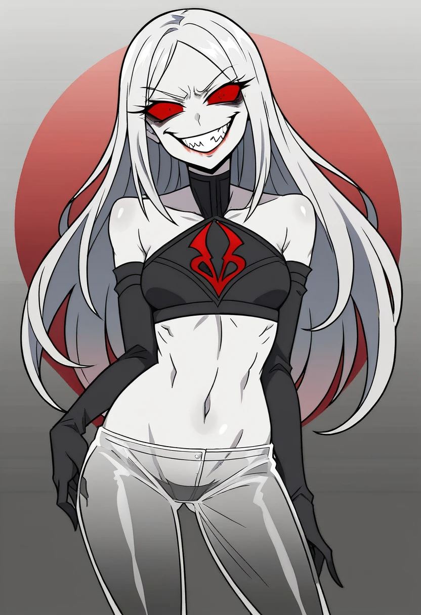 one boy , solo, (bust, upper body, front view:1.2), (grey skin, pale skin, slender body:1.2), concept art, (abs:1.3), (nun:1.2), hood, (white hair:1.2), red eyes, belts, shoulder-belts, (tiny breasts, small breasts, male chest, cleavage, transparent clothes, transparent pants:1.5), (masterpiece, highly detailed, look at viewer, shiny blured grey background, gradient sprayed background, blured background:1.2), (evil face, evil grin:1.2), (bare shoulders:1.2)