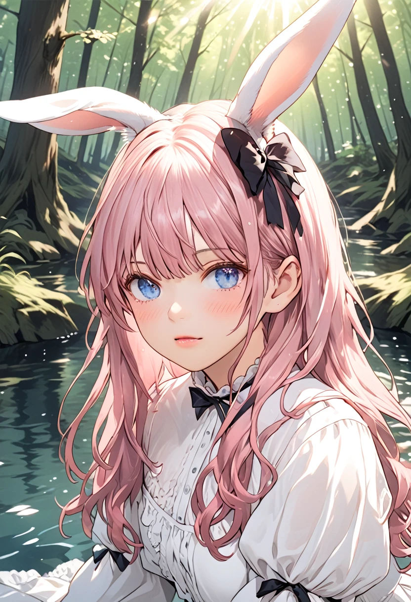 (high quality) (best quality) (a woman) (correct physiognomy) Woman, pink hair with bangs on her forehead, Bunny ears on her head, blue eyes, tender lips, middle age, a cute white dress style lolita, lighting of the photo: sunlight, It is in the middle of a lake un the forest