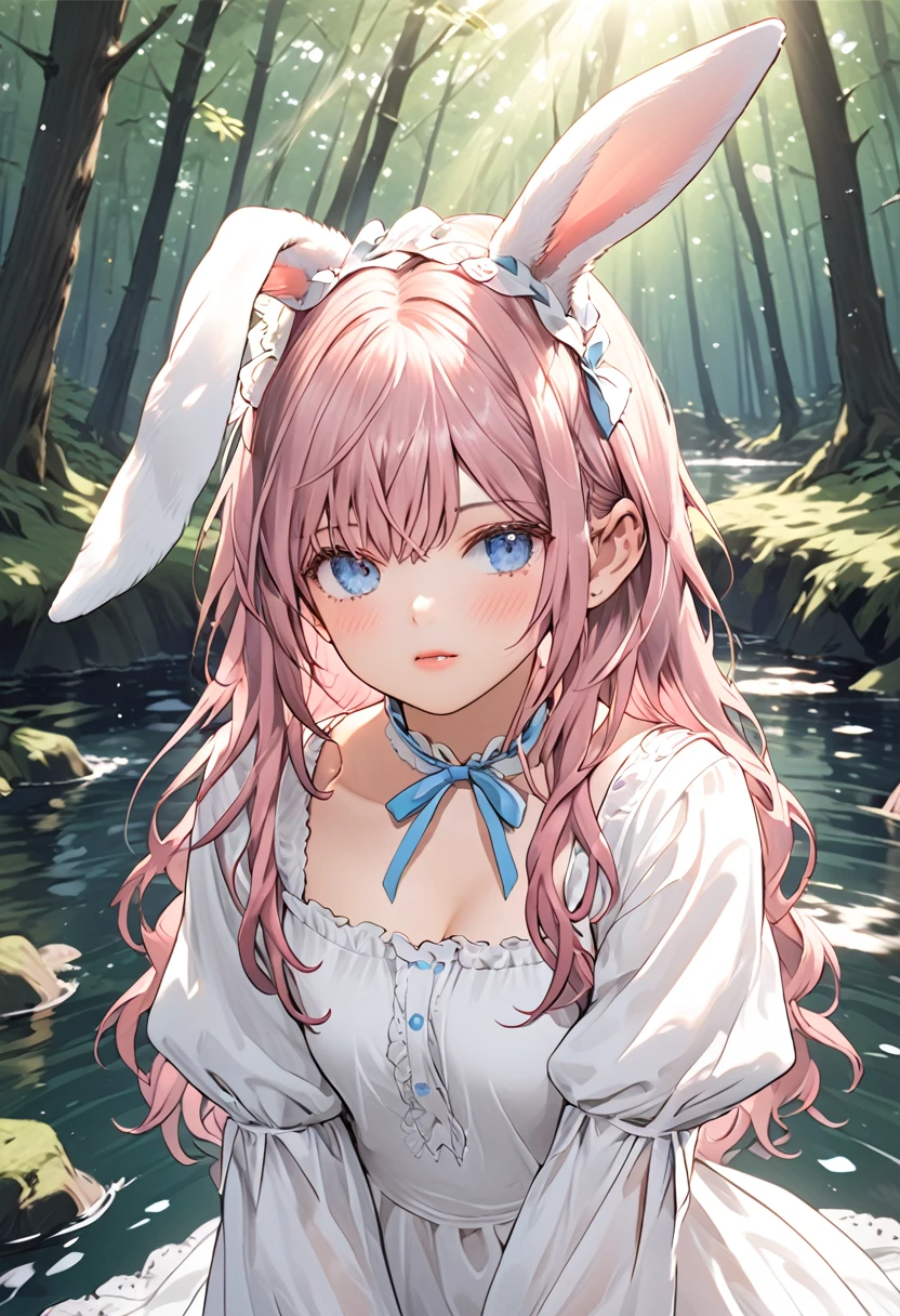 (high quality) (best quality) (a woman) (correct physiognomy) Woman, pink hair with bangs on her forehead, Bunny ears on her head, blue eyes, tender lips, middle age, a cute white dress style lolita, lighting of the photo: sunlight, It is in the middle of a lake un the forest