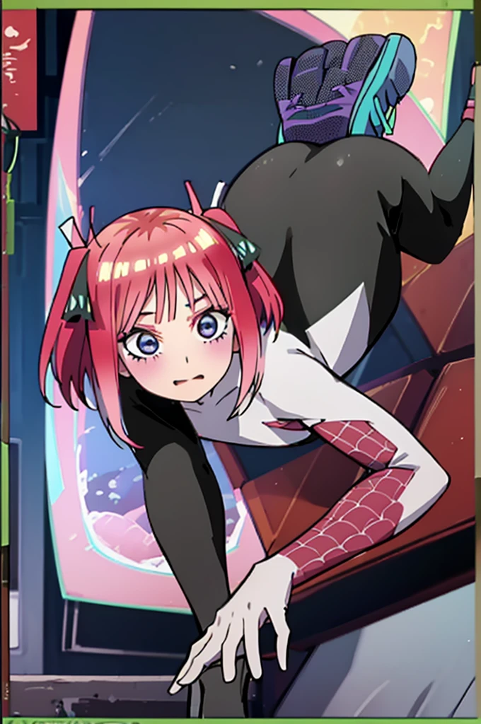 high-quality, detailed image of Nino Nakano wearing a Spider-Gwen suit, black chest spider emblem, showcasing her distinctive twin tails and expressive features seamlessly blended with the sleek, stylish design of the superhero costume, full body suit.
