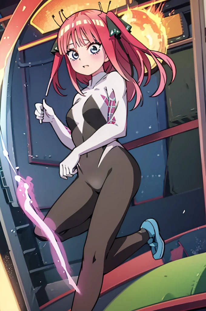high-quality, detailed image of Nino Nakano wearing a Spider-Gwen suit, black chest spider emblem, showcasing her distinctive twin tails and expressive features seamlessly blended with the sleek, stylish design of the superhero costume, full body suit.