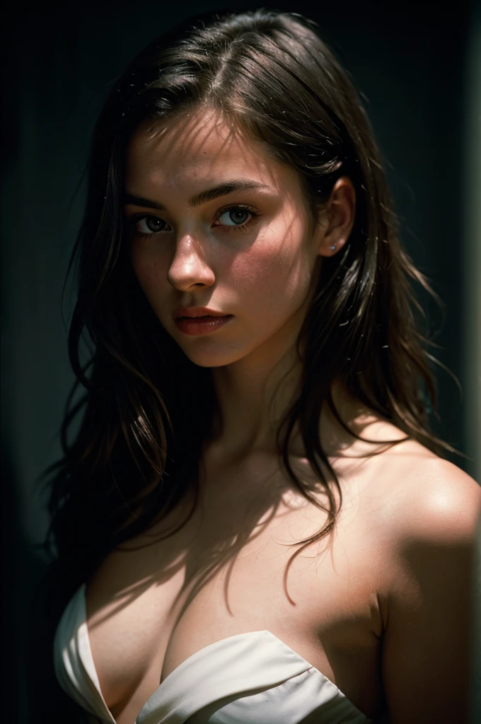 A photo of a girl, dramatic, 21 years old european cute girl, midnight, dark studio, rim lighting, two tone lighting, dimly lit, (low key:1.4), film grain, finely detailed skin, rim lighting, hard lighting, ((Rolleiflex photography)) (8K, 16k, uhd, dslr), (RAW photo:1.2), (best quality:1.4), (high quality:1.4), (masterpiece:1.2), (realistic:1.3), (photo-realistic:1.4), ultra-detailed, (grainy:0.4)