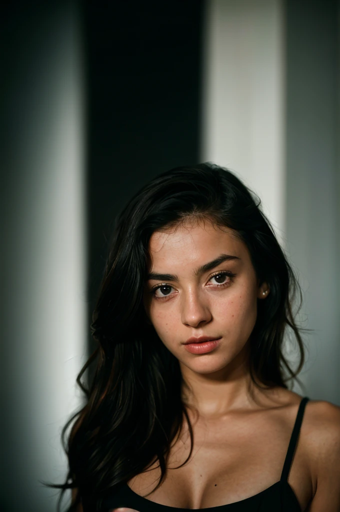 A photo of a girl, dramatic, 21 years old european cute girl, midnight, dark studio, rim lighting, two tone lighting, dimly lit, (low key:1.4), film grain, finely detailed skin, rim lighting, hard lighting, ((Rolleiflex photography)) (8K, 16k, uhd, dslr), (RAW photo:1.2), (best quality:1.4), (high quality:1.4), (masterpiece:1.2), (realistic:1.3), (photo-realistic:1.4), ultra-detailed, (grainy:0.4)