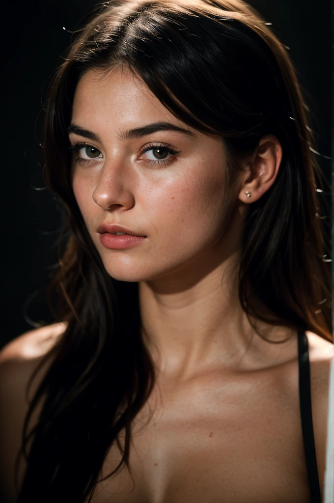 A photo of a girl, dramatic, 21 years old european cute girl, midnight, dark studio, rim lighting, two tone lighting, dimly lit, (low key:1.4), film grain, finely detailed skin, rim lighting, hard lighting, ((Rolleiflex photography)) (8K, 16k, uhd, dslr), (RAW photo:1.2), (best quality:1.4), (high quality:1.4), (masterpiece:1.2), (realistic:1.3), (photo-realistic:1.4), ultra-detailed, (grainy:0.4)