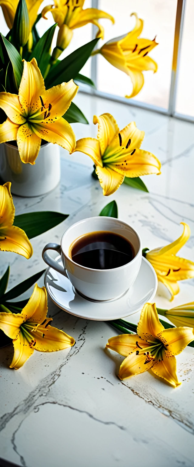 Best still life composition(best quality,4K,8K,High resolution,masterpiece:1.2),Super detailed,(Practical,photoPractical,photo-Practical:1.37),latté(clear focus、obvious)There is slight smoke in the white ceramic cup.Artist coffee impression.White sweater with clear texture,Wrinkles arranged randomly...Sophisticated and elegant.A bouquet of bright yellow lilies laid flat from above(Lying flat on the table.From top to left.Make space on your desk)..Modern style cafe bokeh background.Super detailed.(Super quality,Super detailed,Ultra-complex,Extremely complex)Soft and natural light and shadow.Reverse fragrance.no humans.Ultra wide angle, (Detailed texture),Background covered with film grain, natural soft light,(Morning Scene.warm sunshine in the morning)Ray tracing, Vignette, Wide-angle lens, Ultra wide angle, best qualitycinematic lighting, Depth of Field, outer boundary, Negative space, Letterbox header image