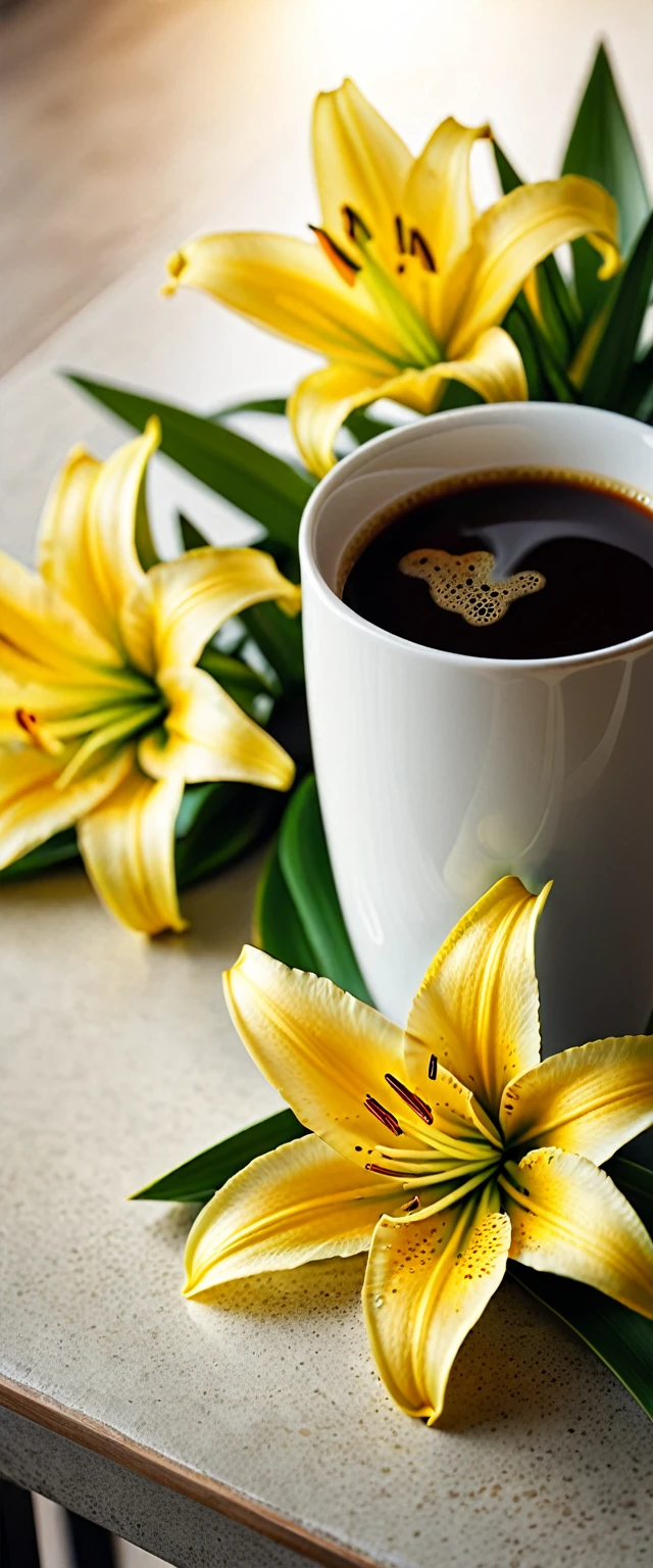 Best still life composition(best quality,4K,8K,High resolution,masterpiece:1.2),Super detailed,(Practical,photoPractical,photo-Practical:1.37),latté(clear focus、obvious)There is slight smoke in the white ceramic cup.Artist coffee impression.White sweater with clear texture，Wrinkles arranged randomly...Sophisticated and elegant.A bouquet of bright yellow lilies laid flat from above(Lying flat on the table.From top to left.Make space on your desk)..Modern style cafe bokeh background.Super detailed.（Super quality，Super detailed，Ultra-complex，Extremely complex）Soft and natural light and shadow.Reverse fragrance.no humans.Ultra wide angle, (Detailed texture),Background covered with film grain, natural soft light,(Morning Scene.warm sunshine in the morning)Ray tracing, Vignette, Wide-angle lens, Ultra wide angle, best qualitycinematic lighting, Depth of Field, outer boundary, Negative space, Letterbox header image