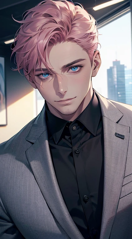 (best quality,4k,8k,highres,masterpiece:1.2),ultra-detailed,(realistic,photorealistic,photo-realistic:1.37),1 man,31 years old,mature man,very handsome,without expression,smile,short pink hair,blue eyes,penetrating gaze,perfect face without errors,imposing posture,businessman,office background,cinematic lighting,hdr image