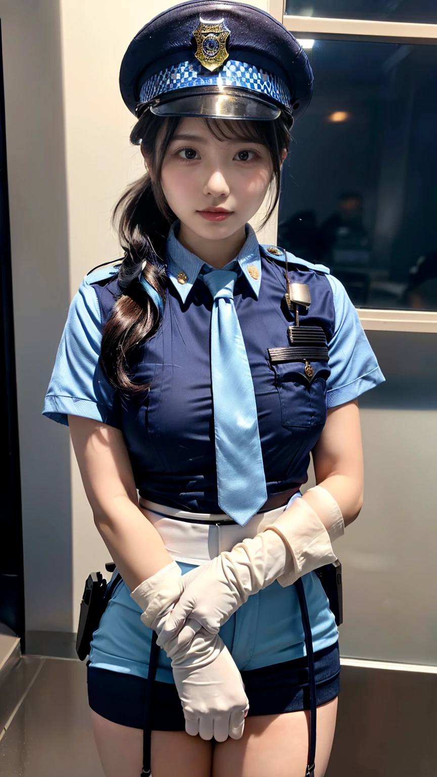 (8K, RAW Photos, Highest quality, masterpiece:1.3), (professional photography, full colors, studio-caliber color grading), (Gravure quality for high-end fashion magazines), close up, BREAK, (1 female police officer:1.5), 25 year old girl,(perfect long ponytail:1.1), crying a little, Harajuku style, Big Natural Color Lip, (Plumpy body (smooth skin.1.1 (huge breasts1 (expresses the roundness and softness of the chest area..1 BREAK ((policewoman uniform, light blue short sleeved shirt, navy necktie, high waisted miniskirt), belt, white gloves, police hat, )