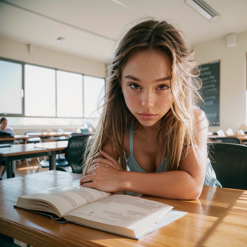 Realistic photo of a beautiful 18 year old (((ALEXIS-REN))), (best quality,ultra-detailed,realistic:1.2),beautiful detailed eyes,beautiful detailed lips, blonde hair, student, classroom, learning, sitting at desk, books, teacher, pencil
