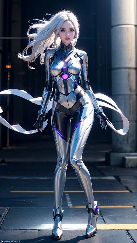 1girl, ultra realistic, ultra crisp, NVIDIA RTX, unreal engine, perfect slim body, realistic face, perfect face, realistic body, epic skin details, white hair, hair blown with strong winds, hyper rendering, ultra details, glowing eyes, purple eyes, blush, parted lips, cybernetic ear, cybernetic metalic hands, cybernetic metalic legs, luminous cybernetic futuristic metalic mechanical body, ultra realistic lights reflection details, ((full body shown)), from below, posing in the middle.