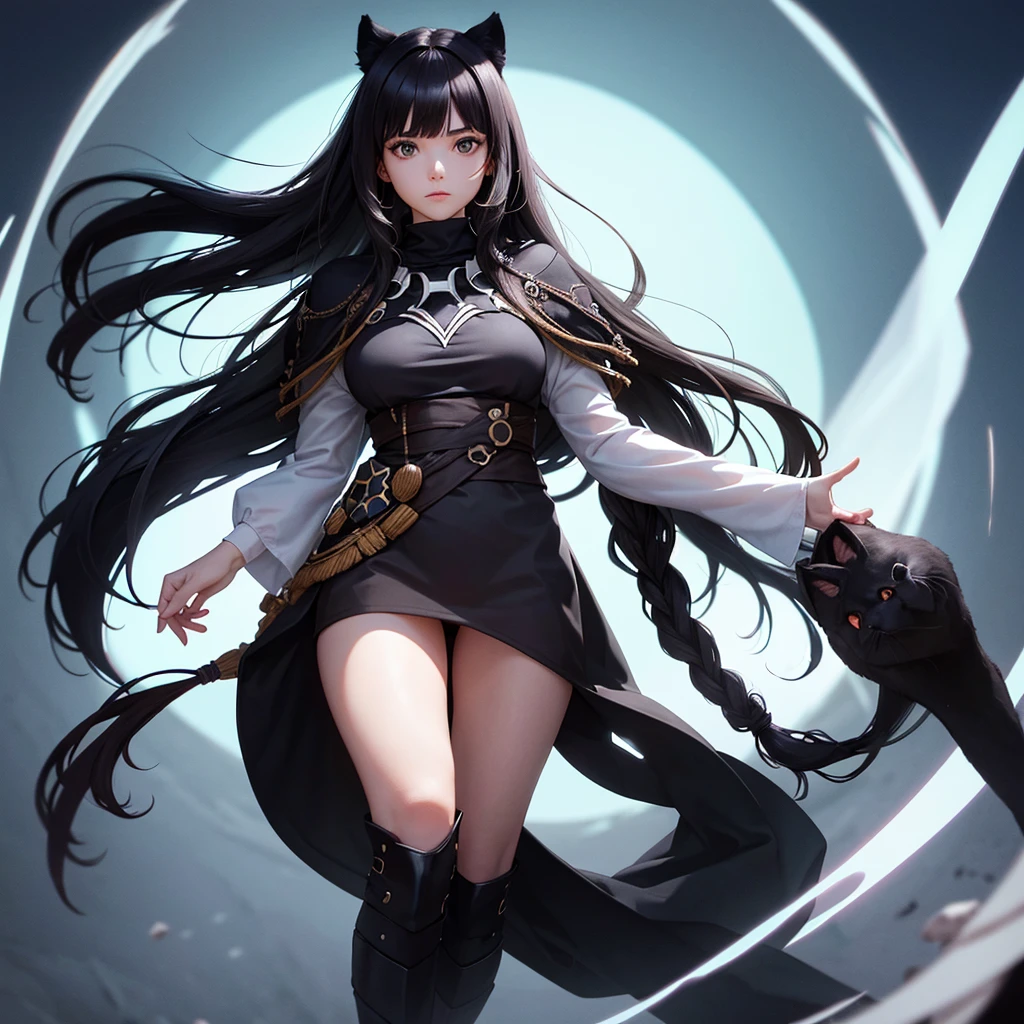 White woman with dark hair floating in the center of an indigenous Oca, a black panther looking