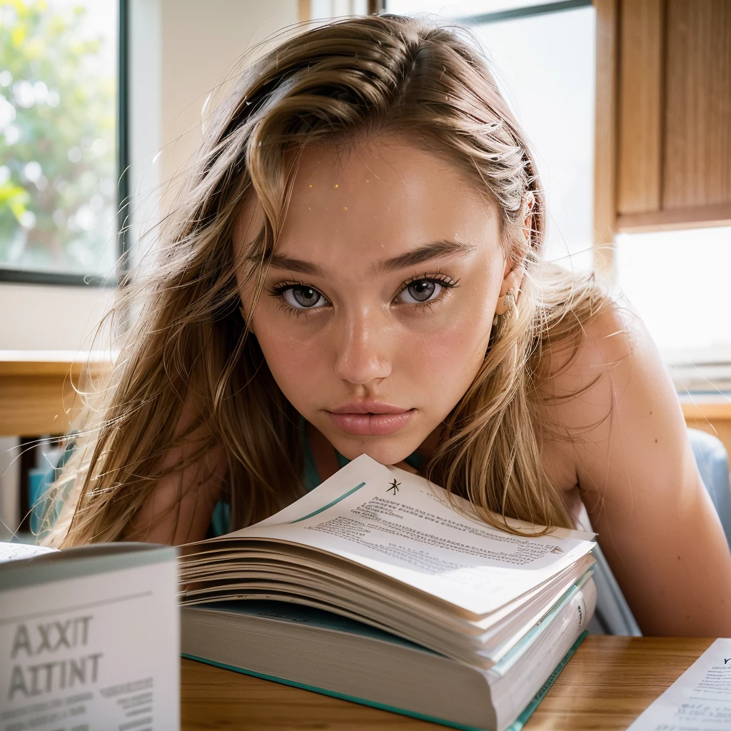 Realistic photo of a beautiful 18 year old (((ALEXIS-REN))), (best quality,ultra-detailed,realistic:1.2),beautiful detailed eyes,beautiful detailed lips, blonde hair, student, classroom, learning,  sitting at desk, books, teacher, pencil 