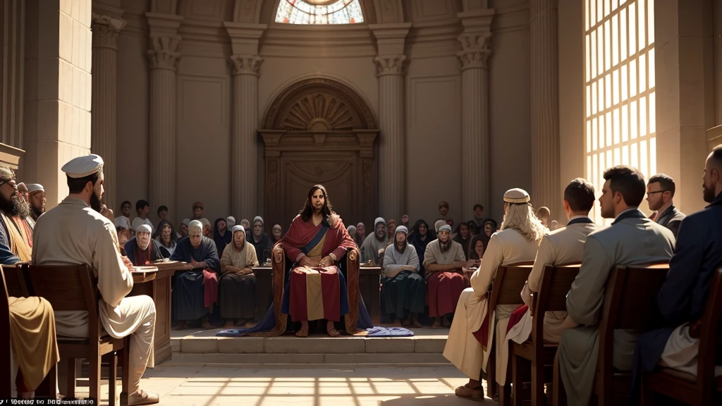 The Trial of Jesus: A dramatic scene showing Pilate sitting on his throne, surrounded by Roman soldiers and Jewish religious leaders, while Jesus stands before him, expressing calm and serenity.