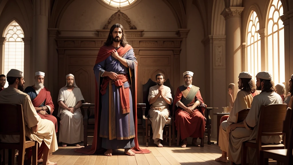 The Trial of Jesus: A dramatic scene showing Pilate sitting on his throne, surrounded by Roman soldiers and Jewish religious leaders, while Jesus stands before him, expressing calm and serenity.