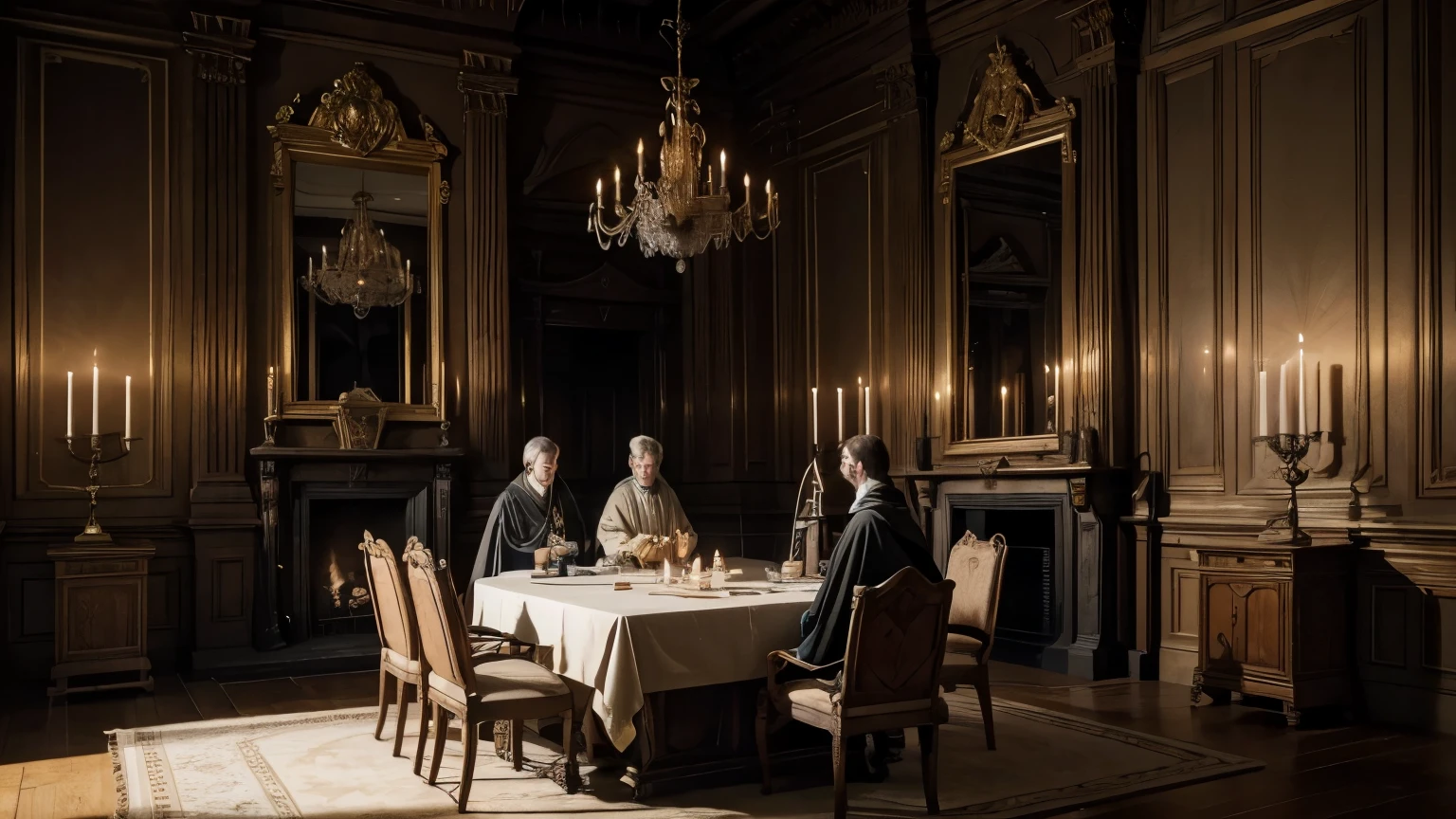 "King Philip IV of France in a meeting with his privy council, in a small windowless room, illuminated only by the light of several candles. Felipe IV, dressed in royal clothes and a crown, He is sitting on a carved wooden chair with velvet cushions. Around a sturdy wooden table, several advisors are meeting, dressed in medieval tunics and wool capes. The atmosphere is tense and serious, with counselors' faces showing concentration and concern as they discuss important matters.
Candlelight creates dancing shadows on bare stone walls, adding an air of mystery and gravity to the scene. King Felipe IV leans forward, your eyes fixed on an important document, while one of the counselors gets up to speak. The floor in the living room is made of aged wood., and the only sound heard is the occasional creak of wood and the low murmur of voices. In the background, a large muted stone fireplace adds a touch of solemnity to the austere atmosphere."