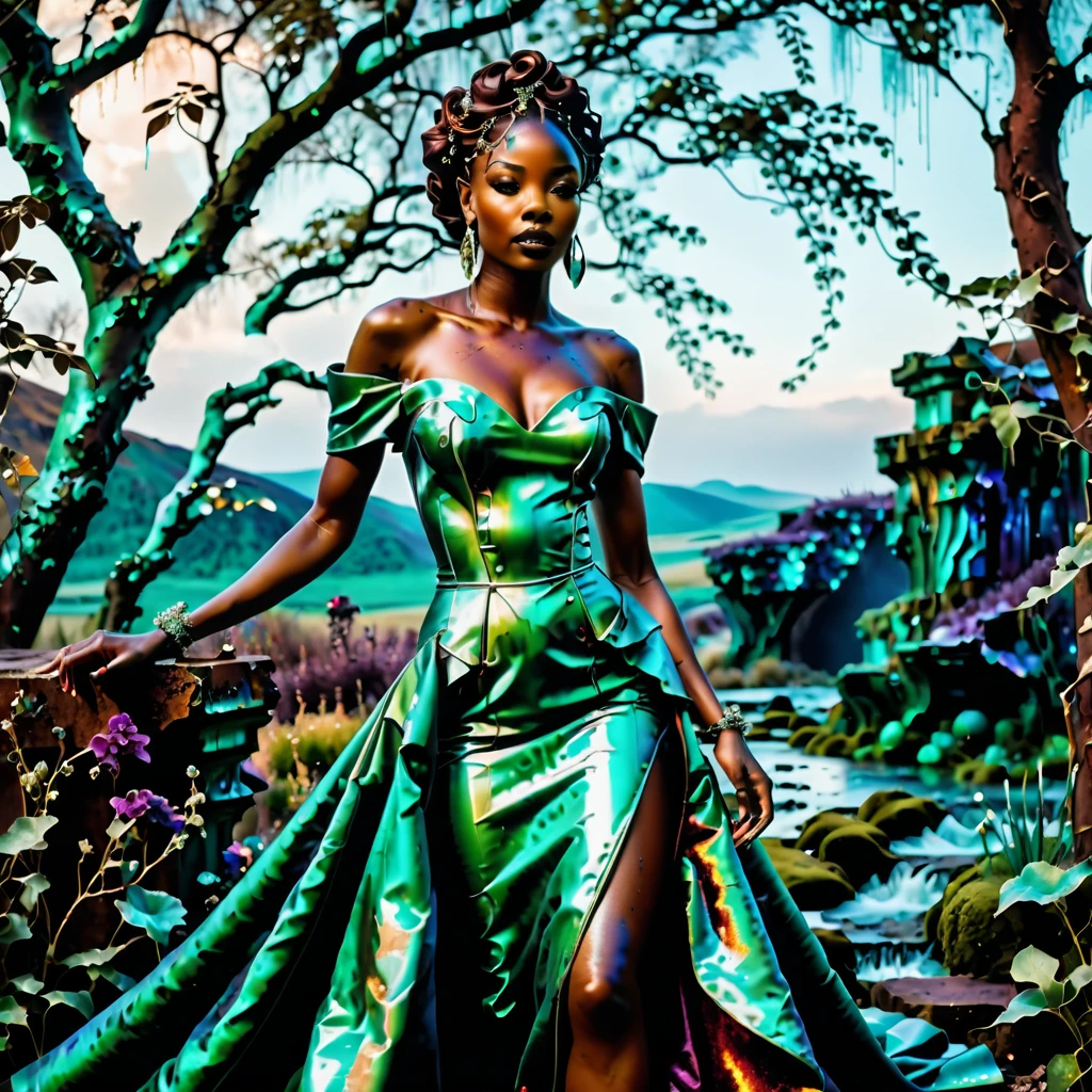 pms style, patina metal skin android Black woman Wearing a sculptural off-the-shoulder dress in a rich jewel tone, with a statement-making train Fairy tale setting, enchanted landscape, magical beings, dreamy atmosphere, otherworldly charm  