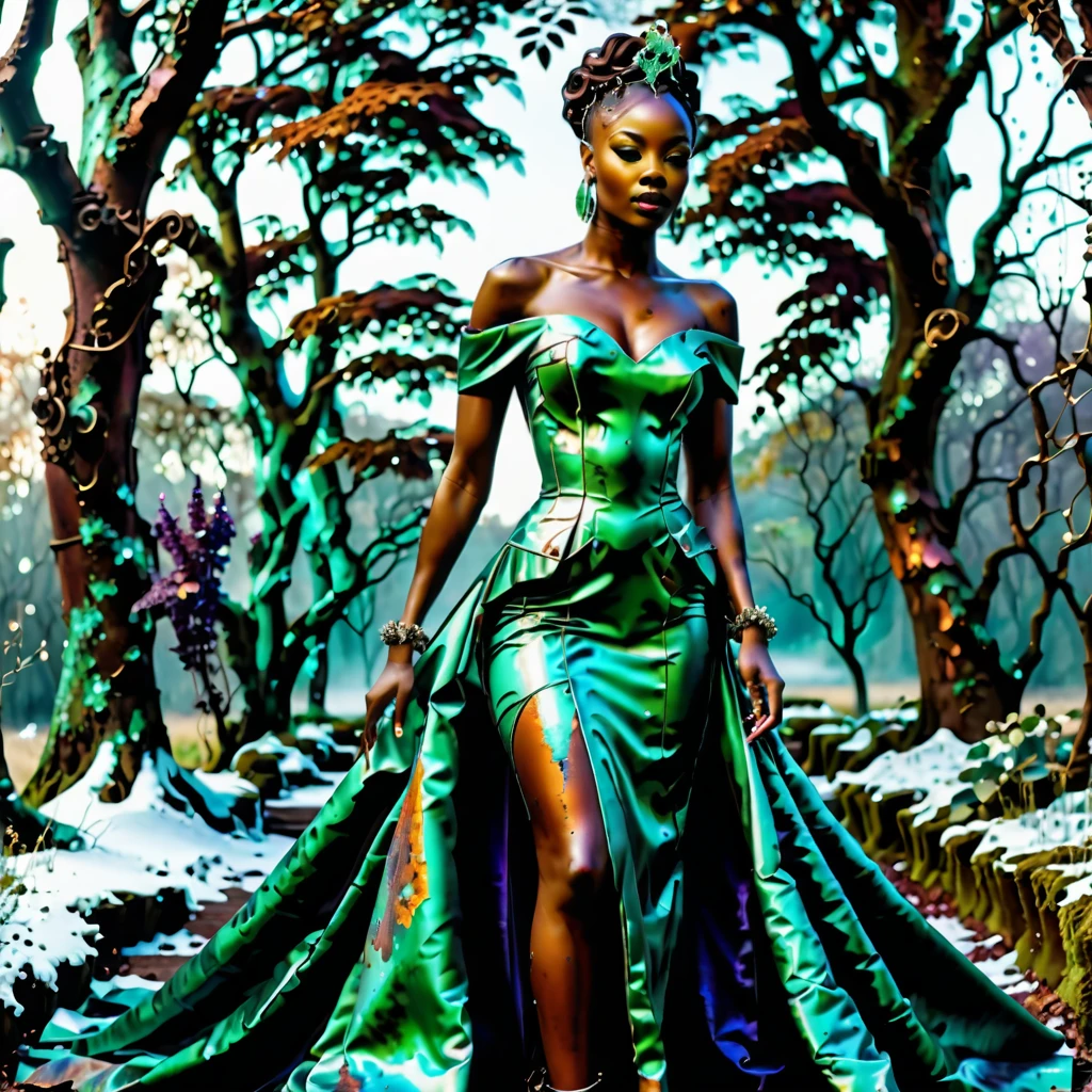 pms style, patina metal skin android Black woman Wearing a sculptural off-the-shoulder dress in a rich jewel tone, with a statement-making train Fairy tale setting, enchanted landscape, magical beings, dreamy atmosphere, otherworldly charm  