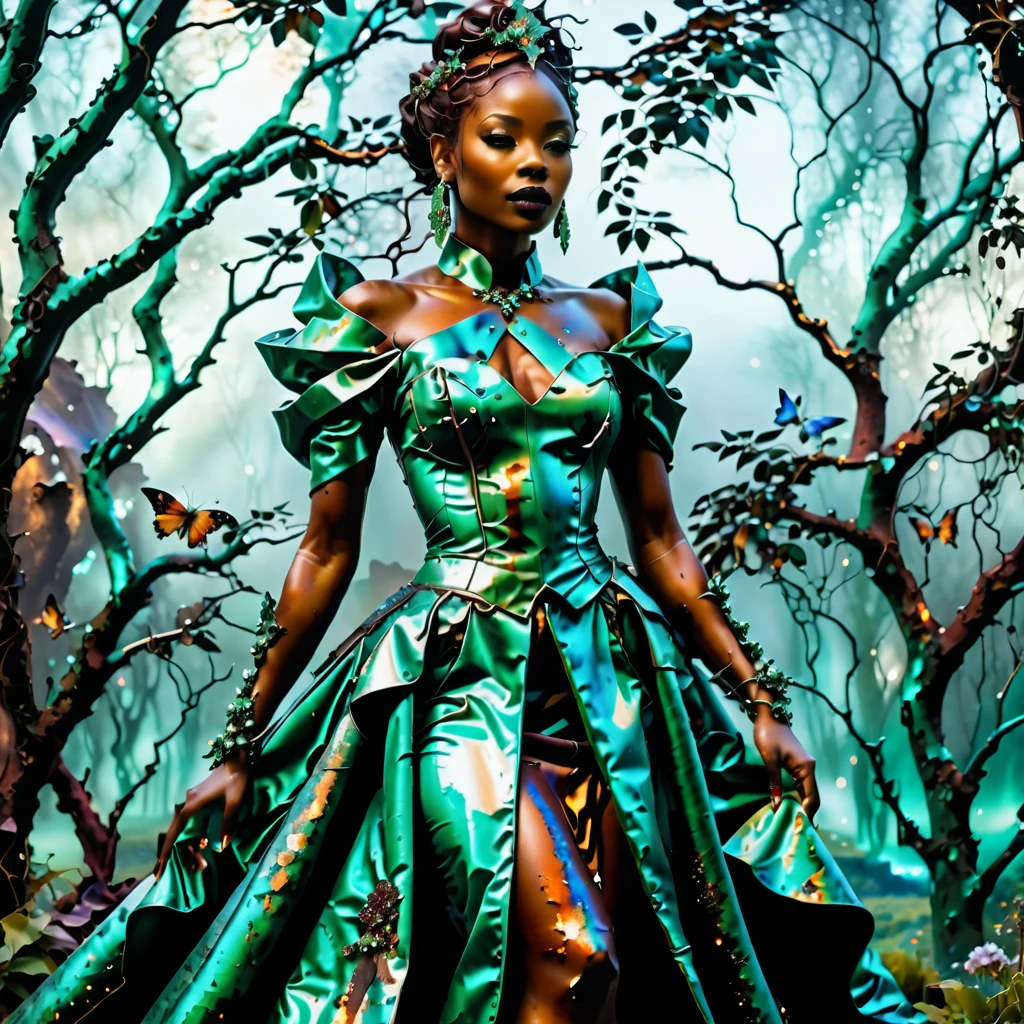 pms style, patina metal skin android Black woman Wearing a sculptural off-the-shoulder dress in a rich jewel tone, with a statement-making train Fairy tale setting, enchanted landscape, magical beings, dreamy atmosphere, otherworldly charm  