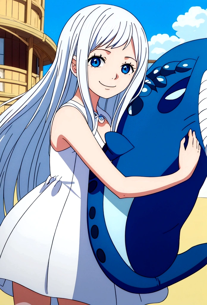 girl (5 years old), platinum white long hair, blue eyes, holding a whale shark plush, wearing cute dress, smiling in a sunny day