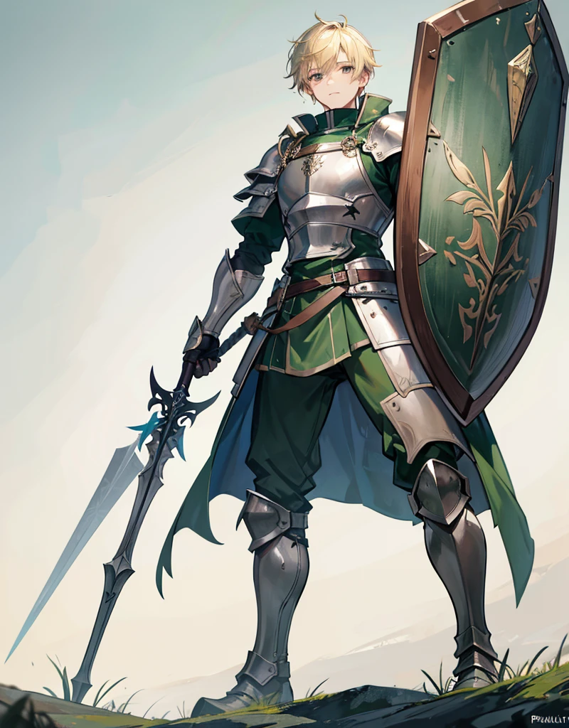 Male Youth with blonde hair, brown eyes and fair skin, wearing dark green knight armor and gray trousers, gauntlets and boots, weilding spear and shield, fullbody, medieval background, muscular