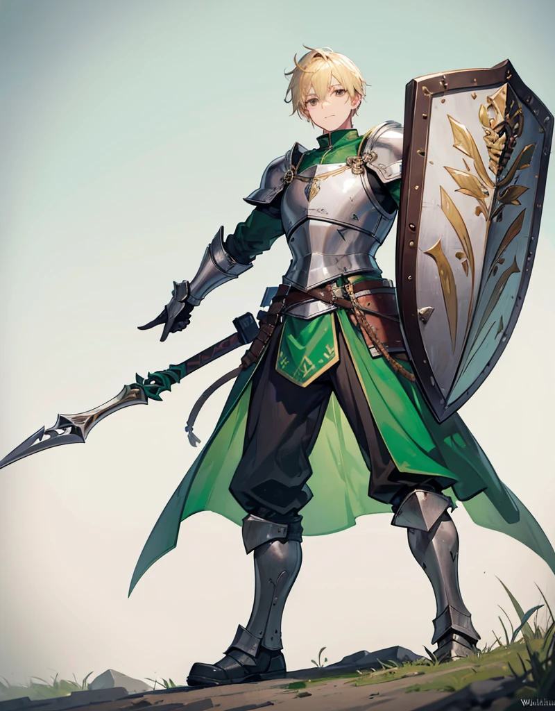 Male Youth with blonde hair, brown eyes and fair skin, wearing dark green knight armor and gray trousers, gauntlets and boots, weilding spear and shield, fullbody, medieval background, muscular
