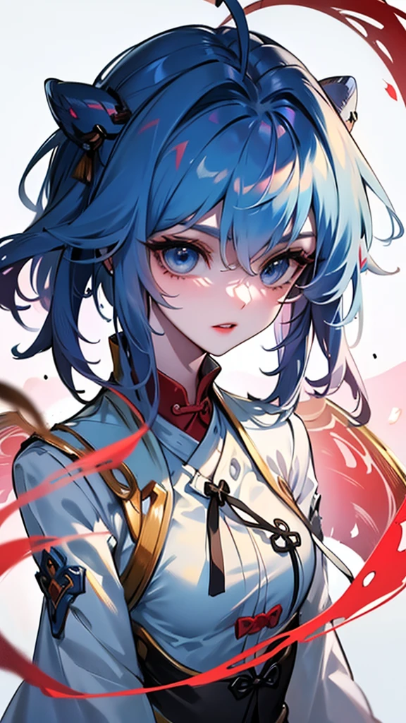 Masterpiece, Best quality, 1 Tang Wu Tong, the expression is cold, strong, blue eyes, short hair, wolfcut hairstyle, smoky mix blue color hair, resolute eyes, red lips, simple Taoist Taoist uniform, Chinese mix morden, frontal photo, black or white background, simple background, anime, illustration, hafl body, Chinese style short-sleeved shirt, cool girl