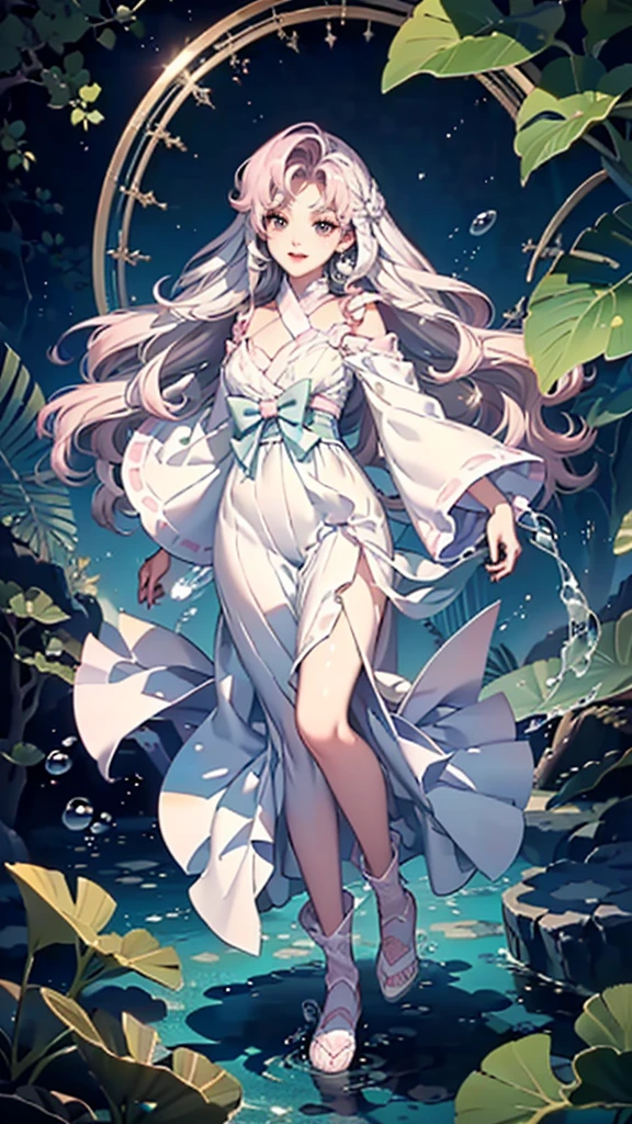 ((full body: 2)),((tachi-e:2.0)), ((character chart:1.3)),((UHD, masterpiece, super detail, best quality, highres, 8k)), (detailed line art), perfect face,(detailed line art:1.0), human, About 20 years old, (1 Female),(Light Pink Hair:1.0, wavy Hair;1.0, Long Hair:1.0, Half Up:1.5), (Pisces, Sea, Water Surface Imagery), light blue and light purple gradient eyes:1.0, round eyes, droopy eyes, droopy eyebrows), ((light blue Lolita dress:1.5, water surface patterned drapes, sea like nautical cross-strap pinwheels, fishtail dress), (silver and gemstone decor, light blue shell like earrings ), smiling