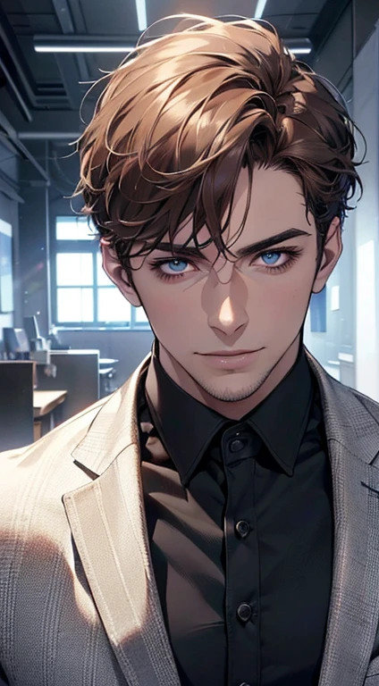 (best quality,4k,8k,highres,masterpiece:1.2),ultra-detailed,(realistic,photorealistic,photo-realistic:1.37),1 man,31 years old,mature man,very handsome,without expression,smile,short brown hair,blue eyes,penetrating gaze,perfect face without errors,imposing posture,businessman,office background,cinematic lighting,hdr image