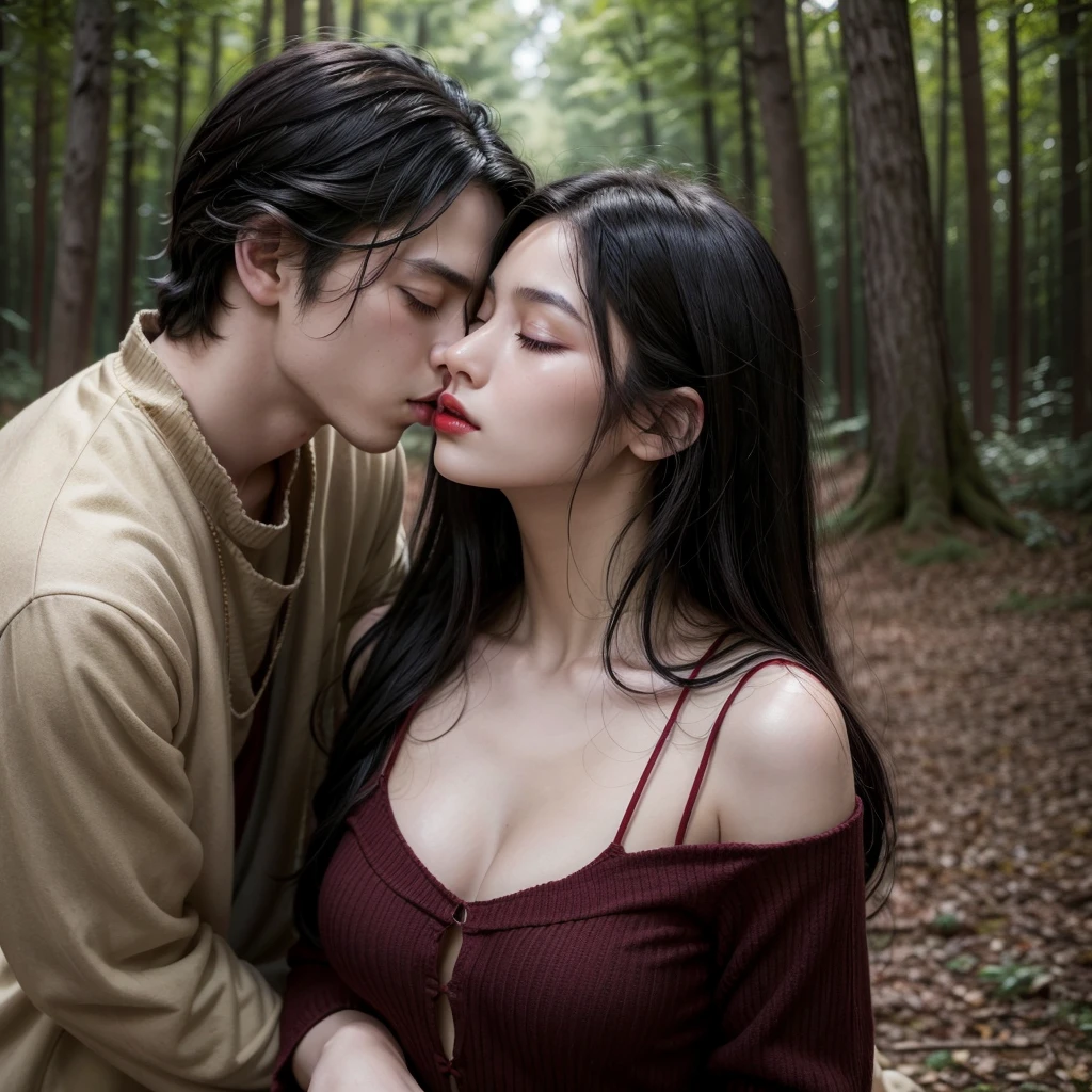 1 girl, long black hair , clear skin, big brown eyes, Slim appearance, Red lips, (Closing the eyes, kissing man, Clothes, medieval) 2 Man , short black hair, broad chest , Clothes, medieval, 2 Man cabello corto (embraced, Closed eyes, kisses, forest)