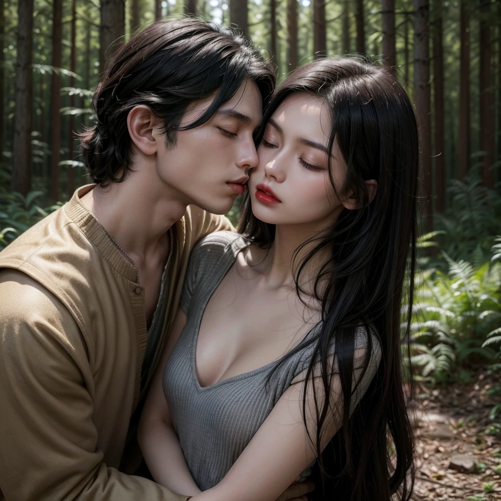 1 girl, long black hair , clear skin, big brown eyes, Slim appearance, Red lips, (Closing the eyes, kissing man, Clothes, medieval) 2 Man , short black hair, broad chest , Clothes, medieval, 2 Man cabello corto (embraced, Closed eyes, kisses, forest)