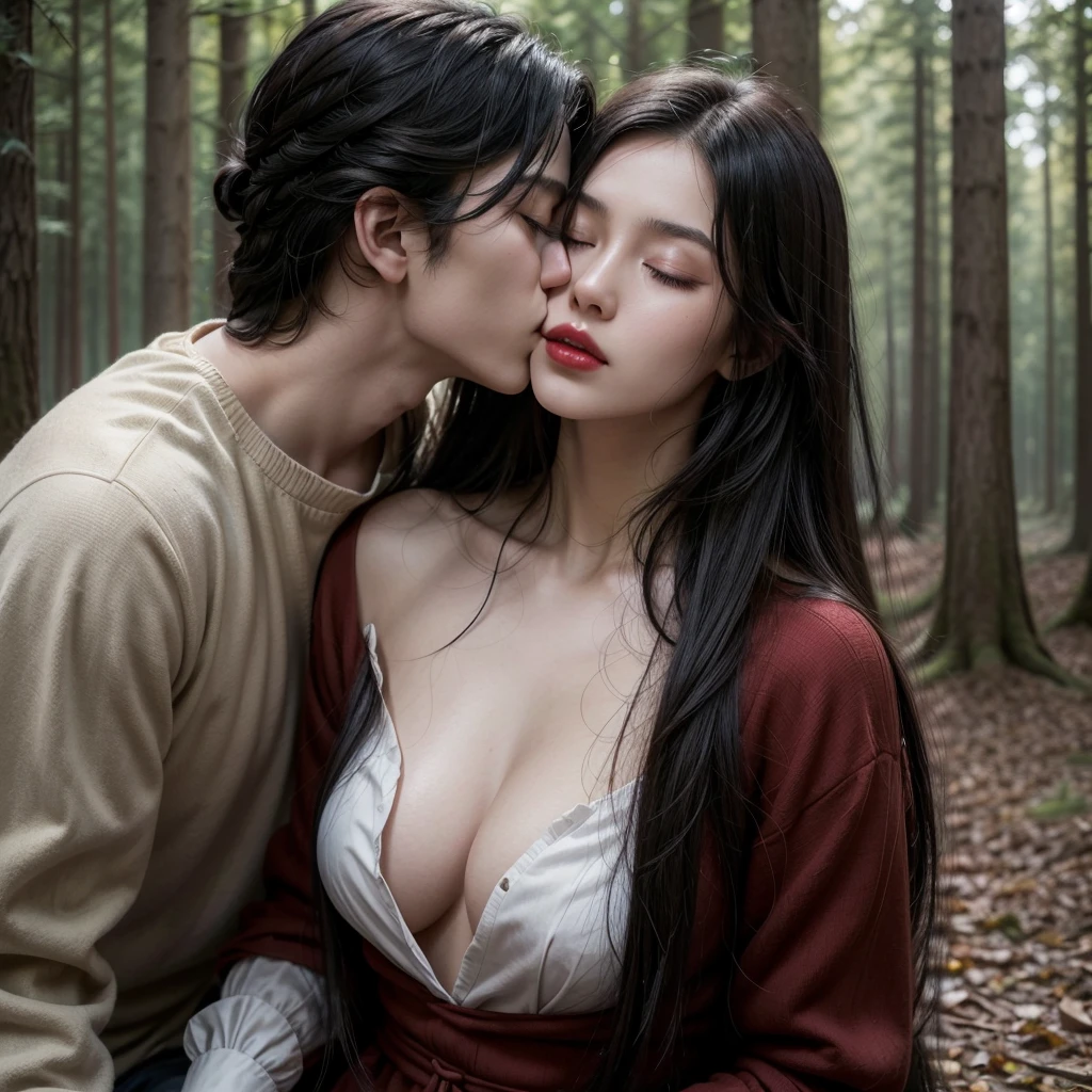 1 girl, long black hair , clear skin, big brown eyes, Slim appearance, Red lips, (Closing the eyes, kissing man, Clothes, medieval) 2 Man , short black hair, broad chest , Clothes, medieval, 2 Man cabello corto (embraced, Closed eyes, kisses, forest)