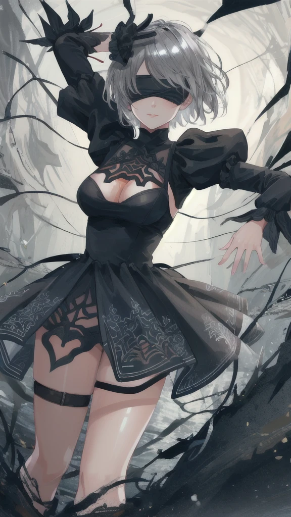 Epic CG masterpiece, hdr,DTM, full ha,8K, ultra detailed graphic tension, dynamic poses, stunning colors, 3D rendering, Surrealism, cinematic lighting effects, Realism, 00 renderer, super realistic, Super view, super wide Angle, HD
blury background,automata inspired、Nier Automata Characters、Nier Automata Cosplay、(High Resolution、4K、highest quality) Inspired by Nier、A girl in a black outfit holding a sword: Automata。Girls、((Both eyes are completely covered with a black blindfold.))、Delicate and beautiful silvery white short hair、Infected by the symbiote,Beautiful detailed lips、And has a highly detailed face with fine skin texture。,symbiote,The girl&#39;s black outfit is made of shiny leather material.、Gives a stylish and futuristic look。、Reflecting sunlight。The blade is intricately engraved、The craftsmanship shines through。Girl&#39;s hair blowing in the wind、Adds dynamic movement to the scene。The overall image is realistic and photorealistic.、Sharp focus and vibrant colors、Enhances visual impact。This artwork is from Nier : It captures the essence of Automata.、It pays tribute to the iconic character 2b.。,
depth of field,An ultrarealistic full body photo of woman in fighting venom symbiote, black venom symbiote tentacles, laying deep in dark black liquid , evil smile, evil glowing eyes, hyper realistic, 8K,
1gir, solo,lips, (shiny skin:1.5)skin tight,grey eyes,
spider web print,
