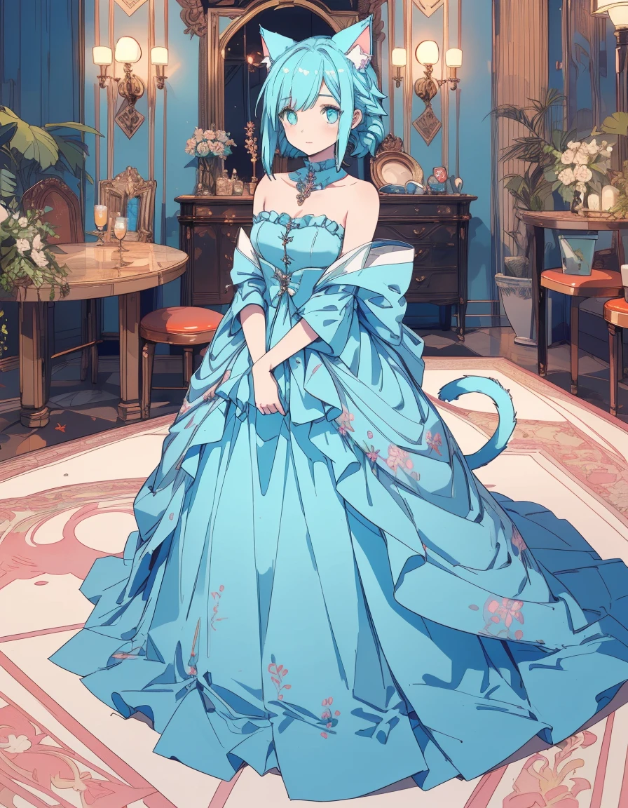 full body, mirror lake, ((masterpiece, best quality:1.5)), ((Beautiful detailed cat aqua eyes:1.2)), cat ears, pale skin, medium breasts, beautiful hands, beautiful fingers, EasyNegative