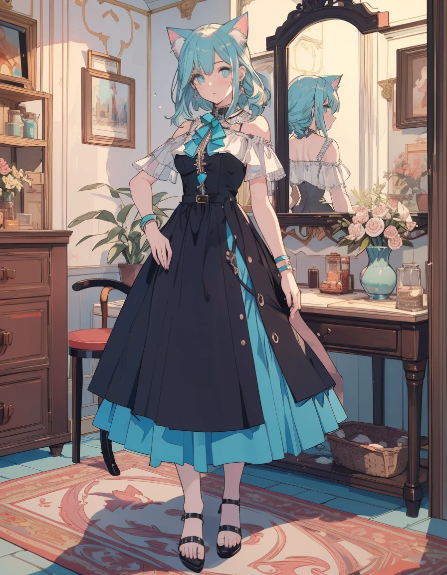 full body, mirror lake, ((masterpiece, best quality:1.5)), ((Beautiful detailed cat aqua eyes:1.2)), cat ears, pale skin, medium , beautiful hands, beautiful fingers, EasyNegative