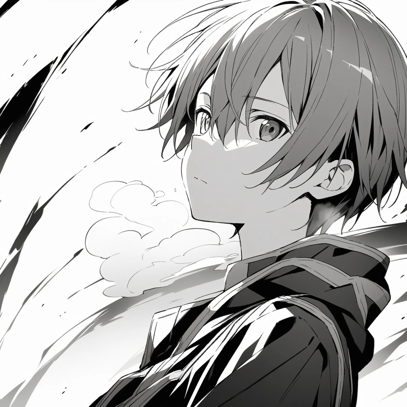 1 Boy, Kirito，Sword Art Online，，Solitary, Viewers, Pure white background, Eye,breathe, avatar，Half Body，have no color，angle, masterpiece, best quality，Black, white and gray monochrome