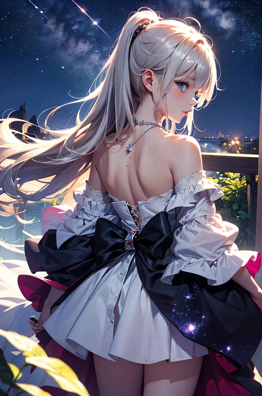 (masterpiece:1.5, Highest quality, Very detailed、 Dutch Angle、Semi-Realistic、Fantasy)(One girl, alone)(White and beautiful hair:1.4,,Straight Long Hair)(White based dress)、((Off the shoulder、Medium Chest、ruby necklace))(from backside,Legs wrapped in tights)(Beautiful starry sky、Mystical Night、Particles of light float around the woman、Fantasy space)
