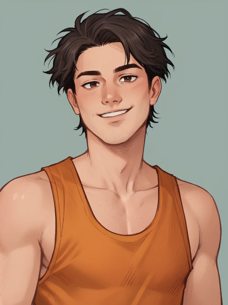 score_9, score_8_up, score_7_up, score_6_up, score_5_up, score_4_up,   wh33z13, 1 adult man, smiling, white skin, dark hair, dark brown eyes, simple background, Orange tank top