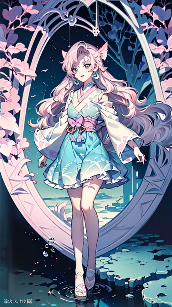((full body: 2)),((tachi-e:2.0)), ((character chart:1.3)),((UHD, masterpiece, super detail, best quality, highres, 8k)), (detailed line art), perfect face,(detailed line art:1.0), human, About 20 years old, (1 Female),(Light Pink Hair:1.0, wavy Hair;1.0, Long Hair:1.0, Half Up:1.5), (Pisces, Sea, Water Surface Imagery), light blue and light purple gradient eyes:1.0, round eyes, droopy eyes, droopy eyebrows), ((light blue Lolita dress:1.5, water surface patterned drapes, sea like nautical cross-strap pinwheels, fishtail dress), (silver and gemstone decor, light blue shell like earrings ), smiling