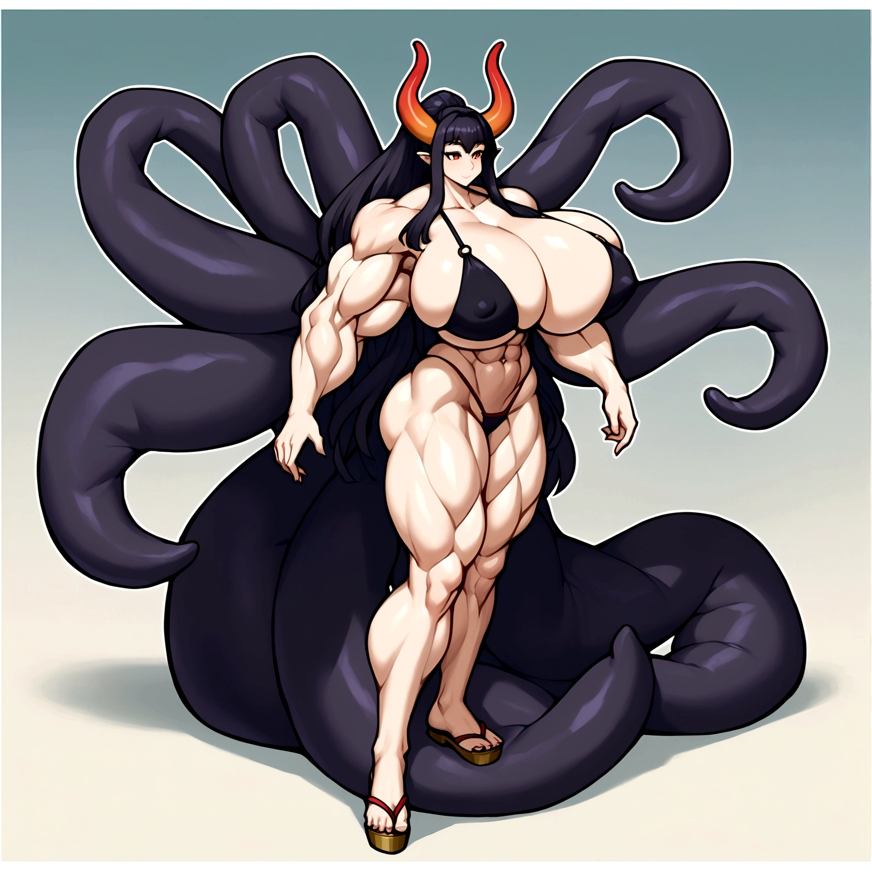 Yamato, ninomae hair, ninomae tentacles, gigantic muscular body, huge breasts, 4 arms, full body.