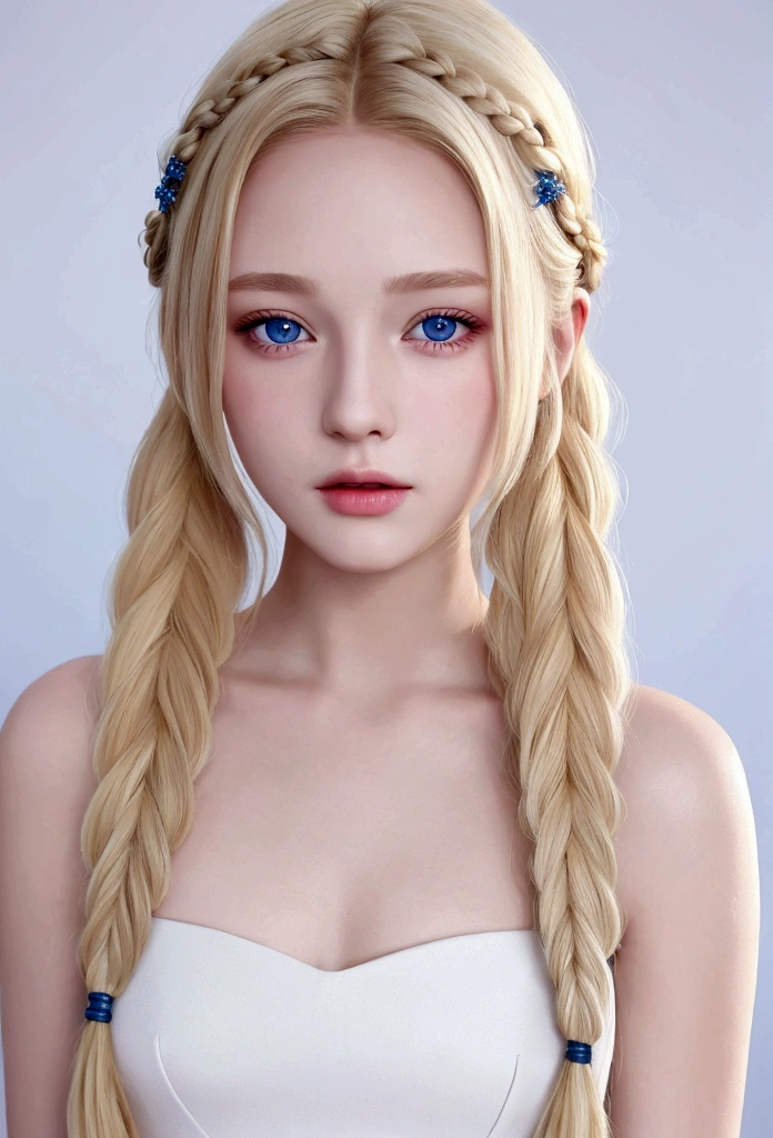 8k surreal, a pretty girl 16 years old with blonde hair with long braided hair and dark blue eyes ,Very detailed, beautiful face without makeup, White dress, beautiful and contagious smile,
