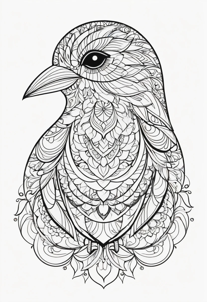 happy white and black bird, Simplified Mandala style, outline, vector, white background