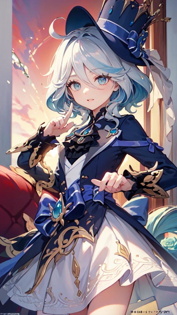 (White Skirt),(((Wearing a small black hat)))Follina, Surrealism, 8K, Super detailed, Hydraulic Alcon, Persistence, Mischievous face, Conceit, Beautiful Eyes, masterpiece, High resolution, 8K, Anime Women, The writing is delicate and detailed 、Detailed digital illustration、(((Genshin Impact))、Shiny Hair、Very beautiful woman、high resolution, high quality、Detailed Background、The inside of your eyes shine like diamonds、(((Blue Hair)))、(((Scan the fringes)))、Gradient pupil、(((Two arms、Four fingers, One thumb)))、Detailed female face、Very beautiful woman、、Detailed Background、masterpiece、Soft Focus , Bright gradient watercolor , Lens flare , (((flash))) , shine , wonderful ,、((Very beautiful light blue rose hair accessories)), Long skirt,Urban Background,Masturbation